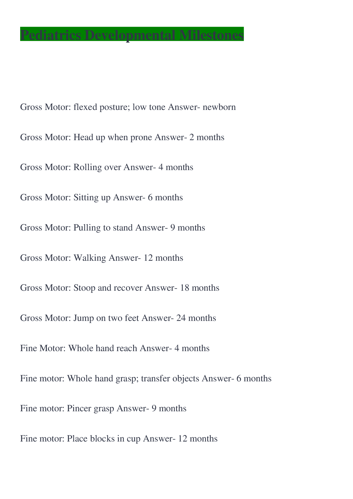 Preview image of Pediatrics Developmental Milestones questions and answers document